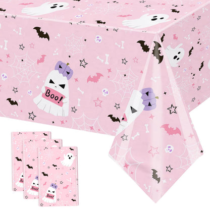 MEHOFOND 3 Pack Pink Halloween Plastic Tablecloths, Little Boo Baby Shower Decorations, Halloween Spooky Spider Web Happy Booday Disposable Table Cover Party Supplies for Birthday Baby Shower