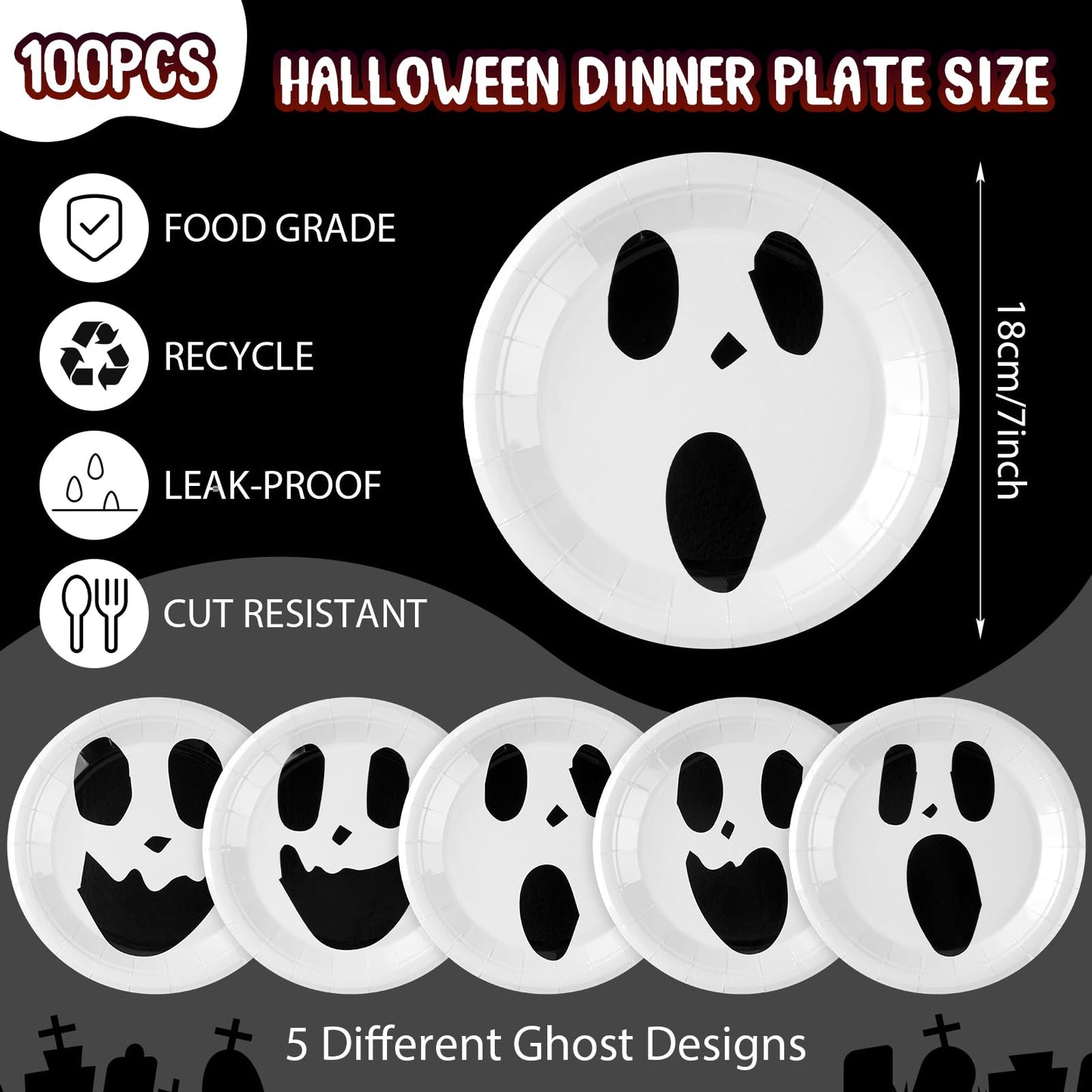 Roshtia 100 Pcs Halloween Paper Plates 7 Inch Round Decorative Ghost Dinner Plates Bulk for Trick or Treat Birthday Party Supplies