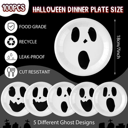 Roshtia 100 Pcs Halloween Paper Plates 7 Inch Round Decorative Ghost Dinner Plates Bulk for Trick or Treat Birthday Party Supplies