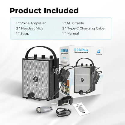 SANMIC 50W Voice Amplifier with 2 Mics,Microphone with Speaker, Portable Sound System with Microphone,Bluetooth Speaker Megaphone for Teachers, Classroom, Outdoor, Events -S98Plus
