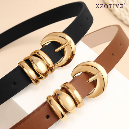 XZQTIVE 2 Pack 0.71'' Womens Skinny Leather Belts for Ladies Thin Waist Belt for Jeans Dress Pants with Fashion Gold Buckle, Black/Brown, Fits Pant Sizes 33-37 inch