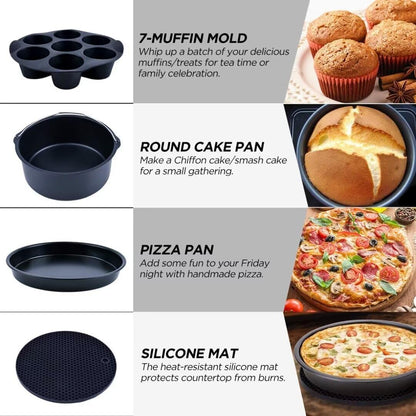 Air Fryer Accessories Set Fit for Gowise Gourmia Cozyna Ninja,Fit All 2.3qt-3.2qt Air Fryer,Kits with Skewers Silicone Mat,Pizza Pan,Cake Barrel,Non-Stick,Dishwasher Safe,Universal,6 Inch 10pcs,Black