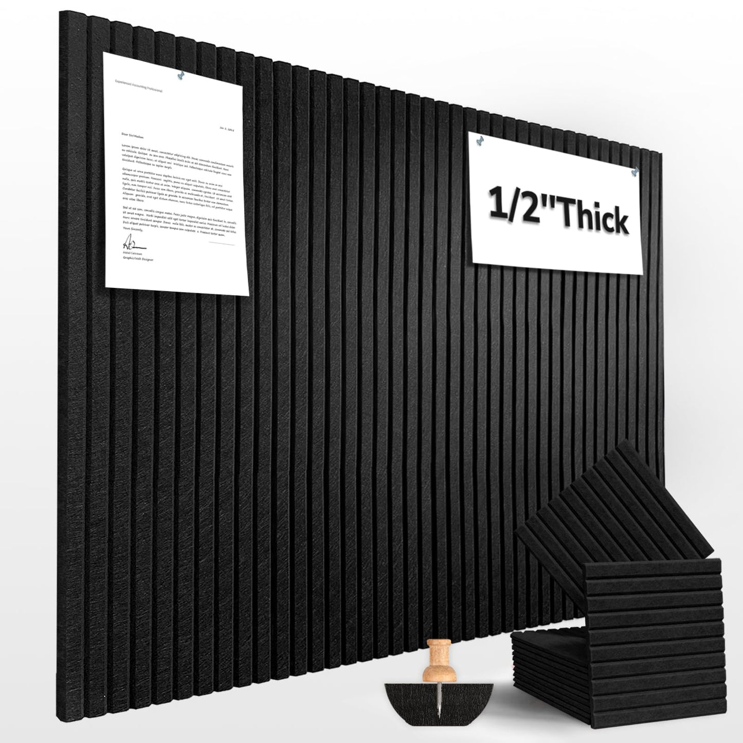 Large Cork Board for Office Decor, 48"x 36" - 1/2” Thick Felt Bulletin Board, 12 Pack Felt Board with Safe Removable Adhesive Tabs, Pin Board Cork Boards for Walls - Black