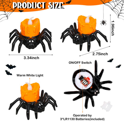 Sakayo 6 PCS Halloween Tea Lights Candles, Battery Operated Halloween's Flameless LED Candles, Spider Tealights Spooky Electric Flickering Fake Candle for Halloween Party Decorations
