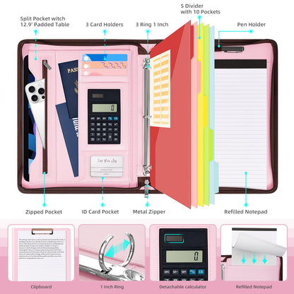 Ospelelf Pink Leather Portfolio Binder 3 Ring, Zippered Clipboard Folder with Storage - 5 Dividers with Pocket, Padfolio for Women,12.1” Tablet Sleeve, Refillable Notepad, Card Slot