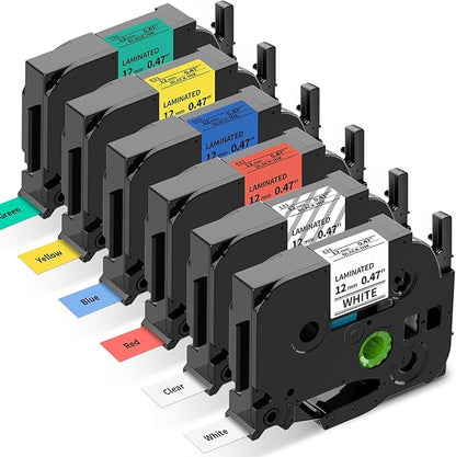 Labelife Replacement for Brother P Touch Label Maker Tape, TZe TZ Tape 12mm 0.47 Laminated Colored for Brother PT-D210 PT-D220 PT-H110 PT-D600 PT-D610BT, White/Clear/Red/Blue/Yellow/Green, 6-Pack