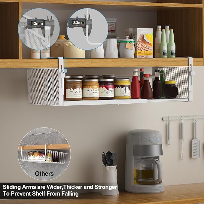 AmonHouseware 2Pack Under Shelf Basket, Adjustable Hanging Under Cabinet Shelf Storage, Hanging Holder Length Stretchable 14.9-22.6Inch for Kitchen Pantry Desk Counter Bookshelf Cupboard (White)
