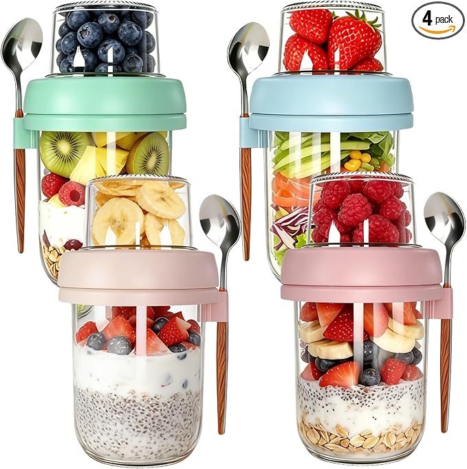 4 Pack Overnight Oats Containers with Lids and Spoons, 20oz Dual-Layer Overnight Oats Jars with Dry and Wet Separation, Thick Glass Mason Jars for Yogurt Dressings Salad & Snacks