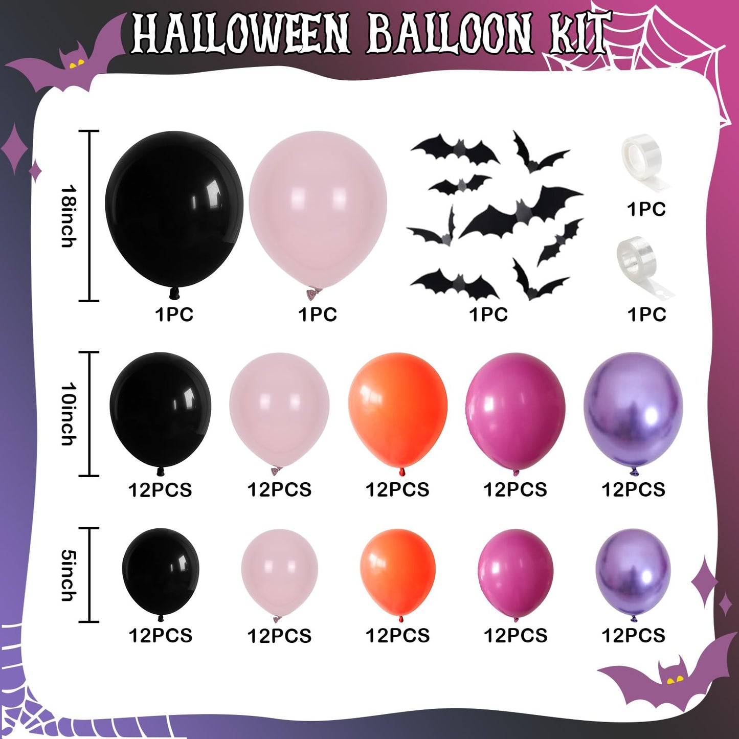 Froova Halloween Balloon Arch Kit, 123 Pcs Black Orange Pink Purple Balloon Garland with 3D Bat Stickers for Kids Halloween Baby Shower Wedding Spooky Birthday Party Decorations