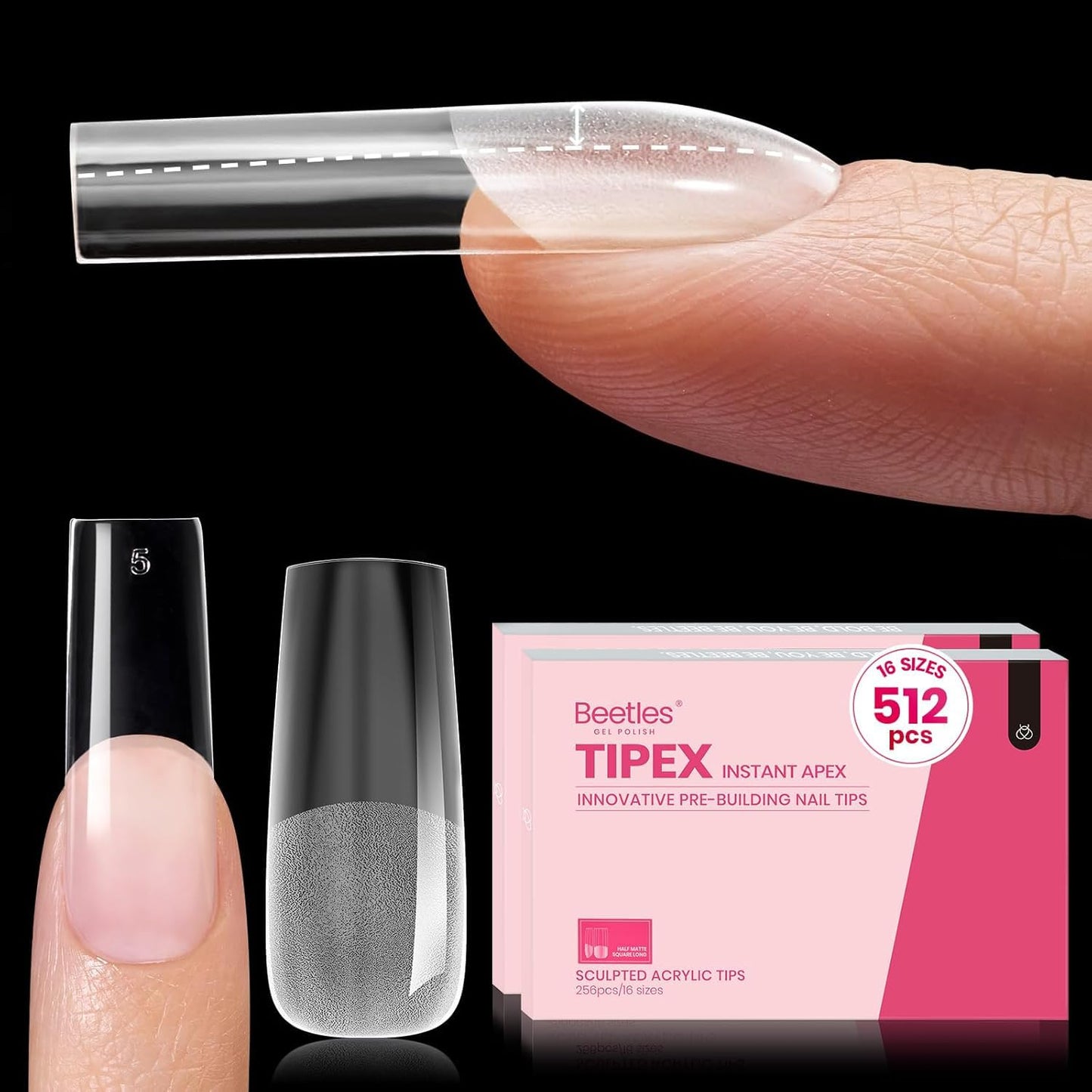 Beetles Tipex Gel Nail Kit, Medium Almond Nail Tips 224 Pcs 16 Sizes Pre-Building Pre-Etched Thick Acrylic Tips with Tipex Glue, Mini Lamp