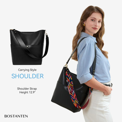 BOSTANTEN Women's Leather Designer Handbags Tote Purses Shoulder Bucket Bags with 2 Shoulder Strap, Black 9" L×5" W×12" H