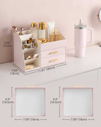 Lolalet Makeup Organizer Countertop with Drawers, Easy to Clean PU Leather Storage Box, 3-Layer Cosmetic Holder for Skincare, Lipstick, Perfume & Brush, Display Case for Vanity Dresser Bathroom - Pink