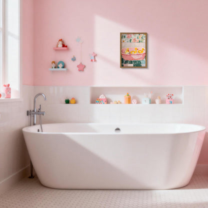 Framed Funny Bathroom Wall Art Decor, Yellow Duck in Pink Bathtub Canvas Wall Decor Painting, Cute Whimsical Animal Poster Print Picture for Girls Bathroom Nursery 12x16 Inch