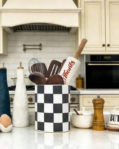 Swkien Checkered Kitchen Utensil Holder - 7.2" Ceramic Utensil Crock for Countertop, Kitchen Decor and Accessories for counte (Black)