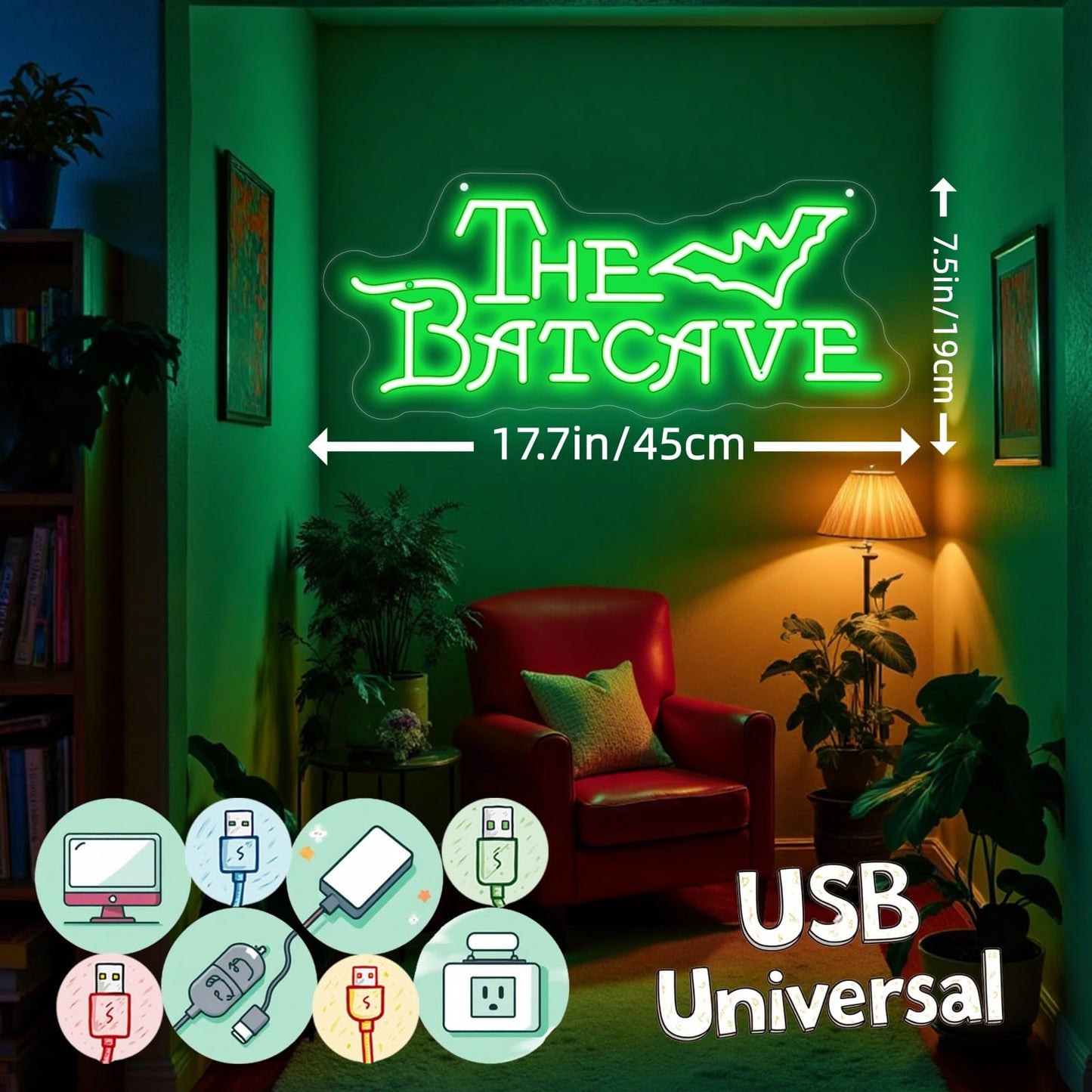 Bat Shaped Cave Neon Sign, Bat Neon Light, Horror Bedroom Dorm Wall Decor, Gothic Lovers Gift, Dimmable Gotham Business Signs for Man Cave Bar Kids Movie Room Party Gifts Christmas Supply-Green-17.7"