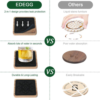 EDEGG Square Coasters for Drinks, Absorbent Coaster Sets of 5, Wood Drinks Coasters for Coffee Tabletop Protection, Non-Slip, Non-Stick, Suitable for Kinds of Cups Wooden Table Drink, 4.1 Inches Black