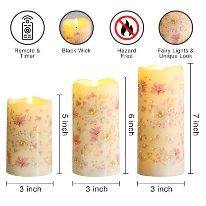 Eywamage Fiber Optic Flameless Pillar Candles with Remote, Floral Butterfly Summer LED Candles Flickering Home Decor Gift Set of 3