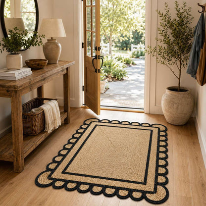Scalloped Natural Jute Area Rug 3x5 Ft, Boho Rug with Black Trim & Non Slip Backing for Entryway, Living Room