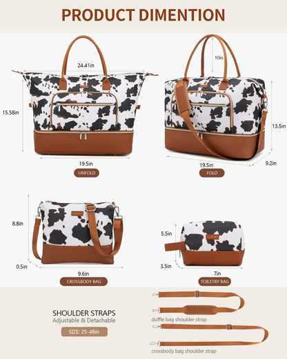 CLOKARS Weekender Bags for Women, Travel Duffle Bag Carry On Overnight Bag with Cosmetics Bag and Crossbody Purse for Gym Hospital, Gifts for Women, Cow Print Brown
