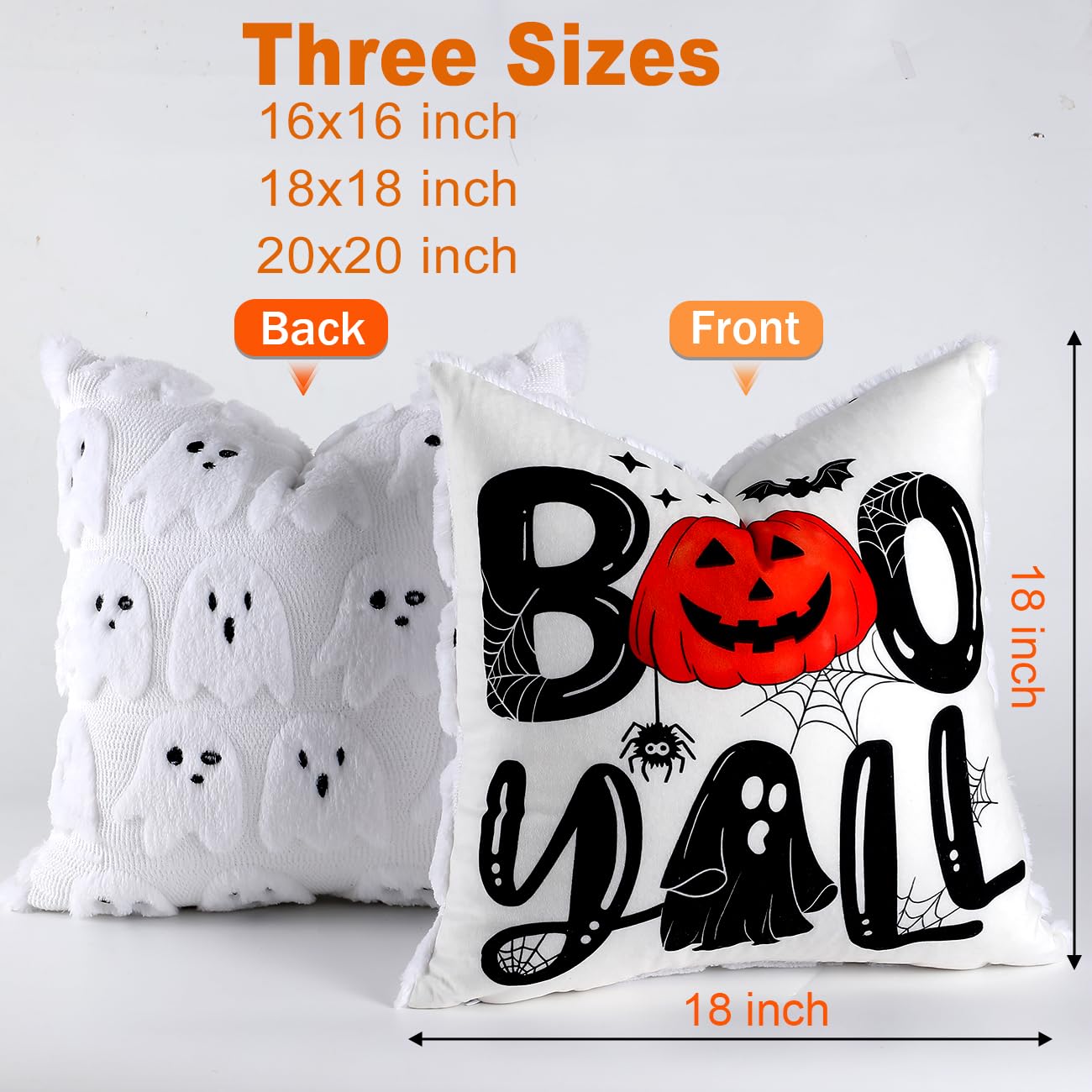 TOYPOPOR Halloween Decorations, 2 Packs Double Sided Ghost Pillow Covers, Soft Faux Fur Throw Pillow Cases, Indoor Outdoor Couch Cushion Case for Fall Autumn Bedroom Living Room Home Decor 18''x18''