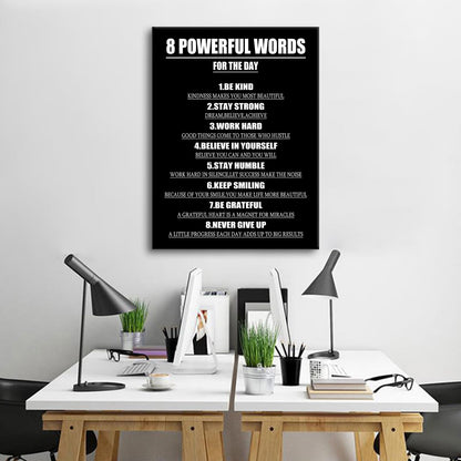 Motivational Canvas Wall Art 8 Powerful Words for The Day Success Quotes Poster Print Inspirational Picture Painting for Office Class Room School Wall Decoration Stretched and Framed [18''Wx24''H]