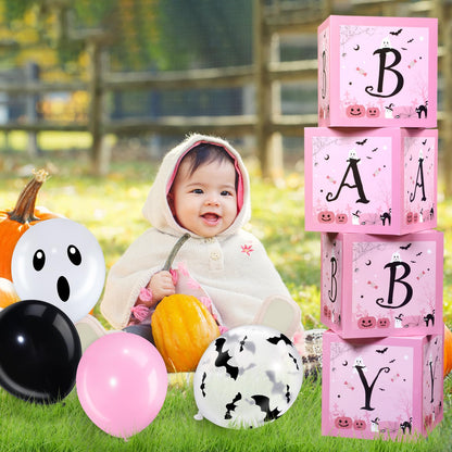 Hiboom 74 Pcs Halloween Balloon Boxes Baby Shower Decorations Pink and Black Halloween Baby Blocks Latex Balloons Garland Arch Kit for Baby Girls Happy Boo Day Birthday Party Supplies Photography Prop
