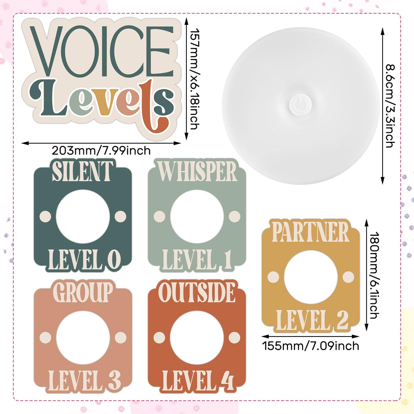 Honoson Voice Level Chart for Classroom with 5 Pack Magnetic Puck Lights Noise Level Chart Teacher Educational Management Supplies for Elementary School Preschool Music Class(Soft,Vibrant)