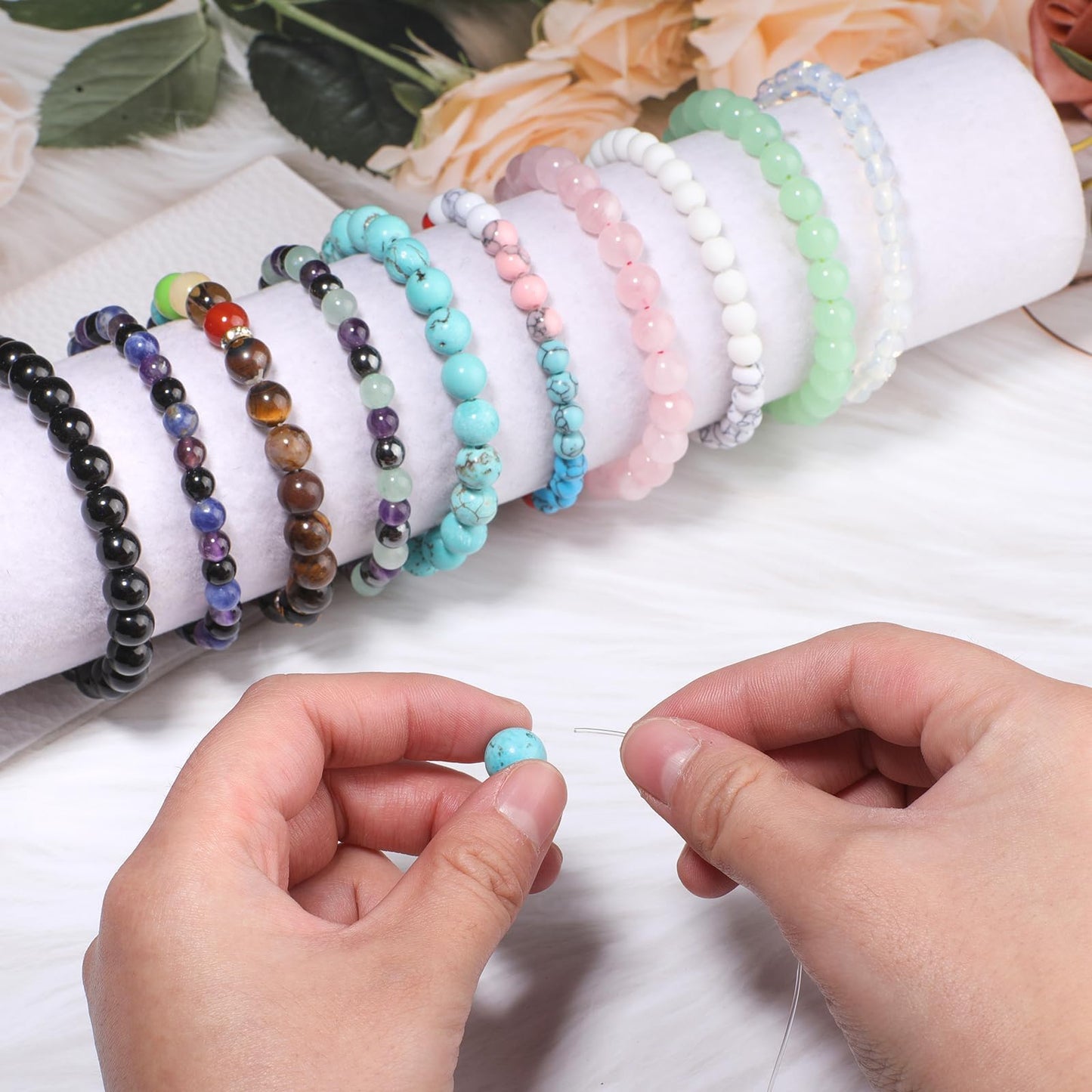 480pcs 8mm Natural Round Stone Beads Gemstone Crystal Loose Beads Smooth Bead for Bracelet Necklace Earring Jewelry Making Kit
