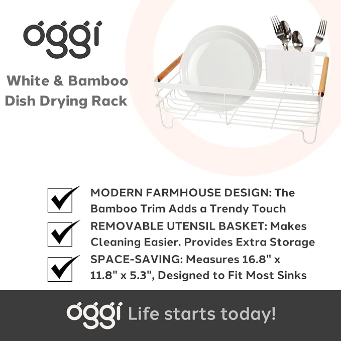 Oggi Large Dish Drying Rack - White & Bamboo Dish Drying Rack, Drying Rack Kitchen, Dish Rack, Dish Racks for Kitchen Counter, Durable Coated Metal Kitchen Drying Rack with Cutlery Holder
