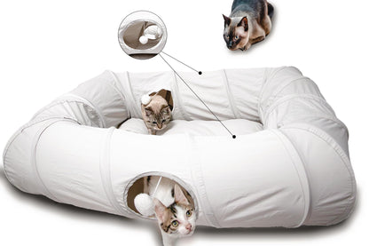 XxingSheep 4 Ways Shuttled XL Cat Tunnel Bed for Indoor Cats Peekaboo Cat Cave Donut with Cool Mat