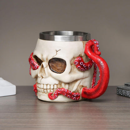 Skull Octopus Tentacle Beer Mug for Men Women Stainless Steel Resin Cthulhu Gothic Mug, Suitable for Halloween, Horror Lovers and Dark Decoration