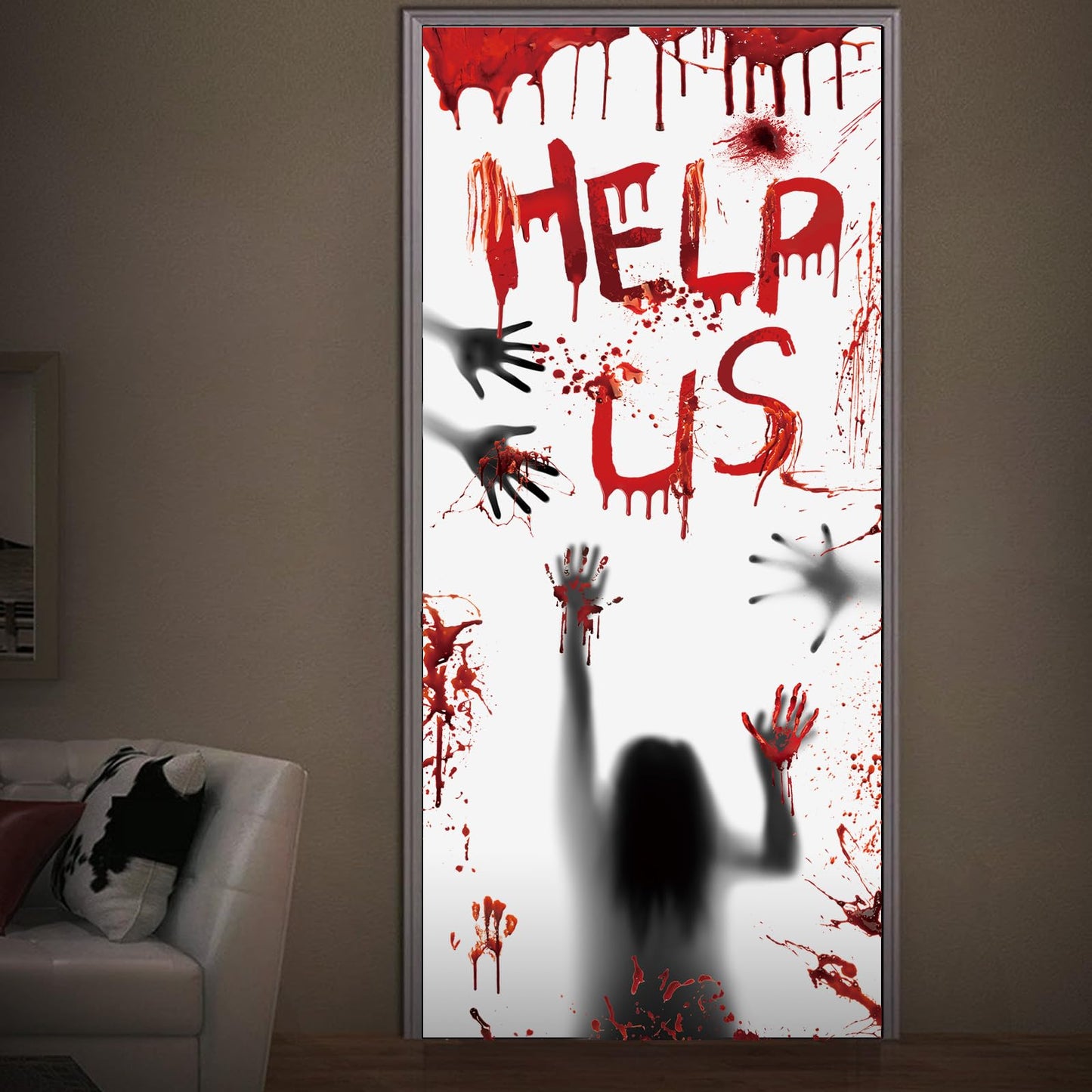 Bloody Halloween Decorations Door Cover Window Posters, Includes 1PCS Halloween Door Cover 2 PCS Halloween Window Posters and 3 Sheet Bloody Footprints Floor Clings for Halloween Decor