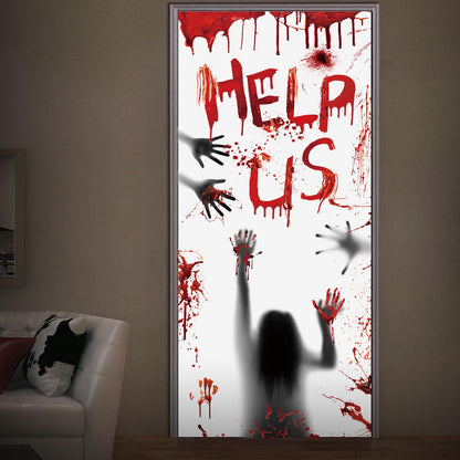Bloody Halloween Decorations Door Cover Window Posters, Includes 1PCS Halloween Door Cover 2 PCS Halloween Window Posters and 3 Sheet Bloody Footprints Floor Clings for Halloween Decor
