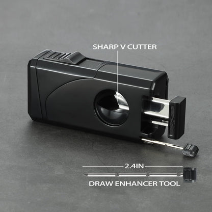 All in One Triple Jet Flame Butane Torch Lighter, Built-in Cutter, Cutter V Cut, Punch, Holder Function, Draw Enhancer Tool, Refillable and Adjustable Windproof Lighter. Black(Sold Without Gas)