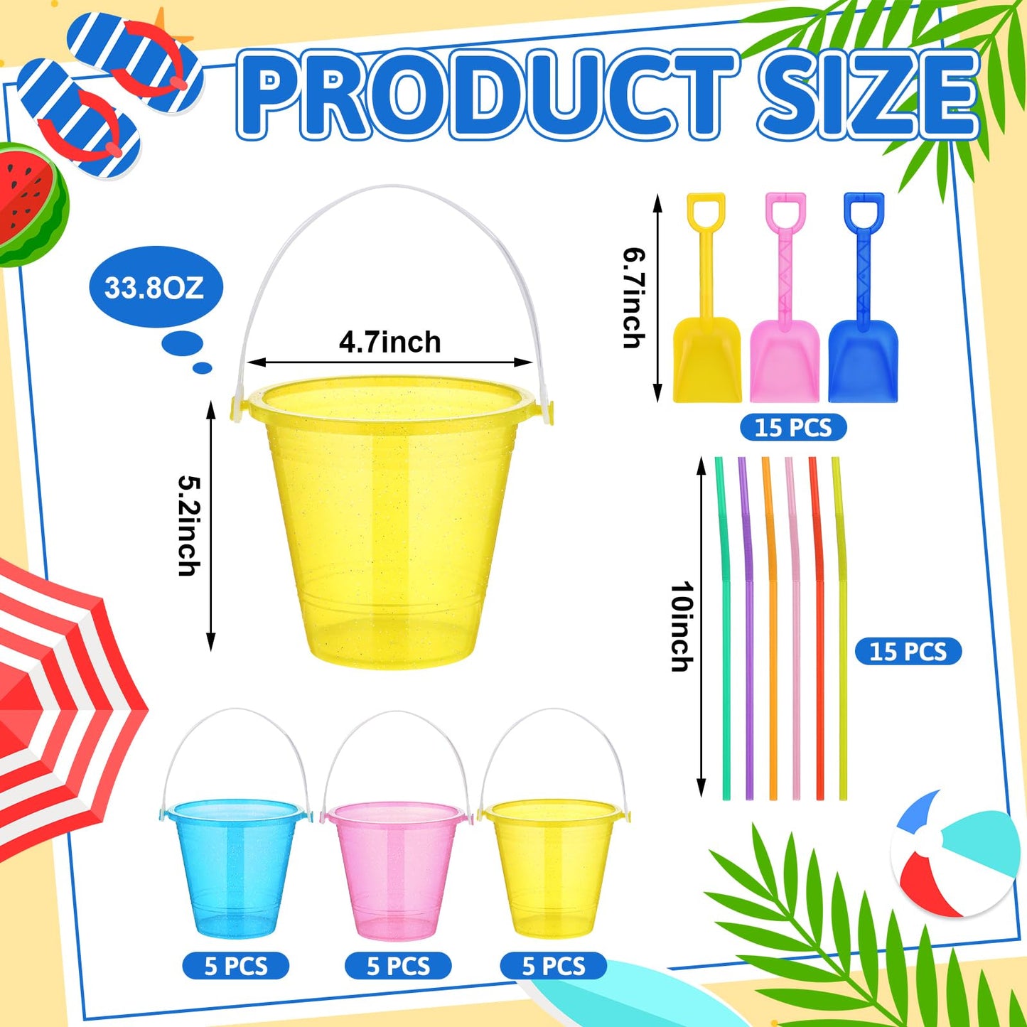 CroBlissful 15 Set 33.8 Ounce Large Beach Drink Buckets with Shovels Disposable Straws Plastic Bucket with Handles for Summer Holiday Party Beach Birthday Party Favors (Glitter)