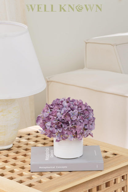 Hydrangea Fake Flowers in Vase, Artificial Flowers with Ceramic Vase Small Faux Potted Floral Arrangements for Bathroom Home Desk Kitchen Counter Vanity Shelf Coffee Table Centerpiece Decor (Purple)