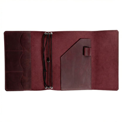 TORAKIP Genuine Leather A5 Notebook Cover – Refillable Journal Case with 3 Elastic Bands, Pen Holder & Inner Pockets, Fits Standard A5 Inserts 5.8 x 8.3 inch (Paper Not Included), Burgundy
