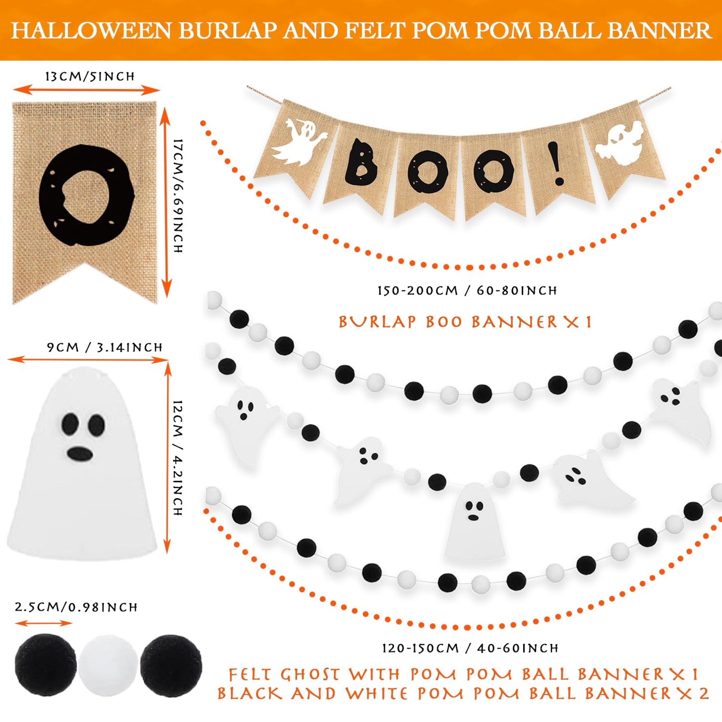 Boo Banner, 4 Pcs Halloween Natural Burlap Bunting Pennant and Cute Felt Ghost with Black White Pom Pom Ball Garland for Farmhouse Shelf Fireplace Mantel Tree Office Classroom Party Hanging Decoration