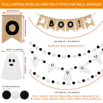 Boo Banner, 4 Pcs Halloween Natural Burlap Bunting Pennant and Cute Felt Ghost with Black White Pom Pom Ball Garland for Farmhouse Shelf Fireplace Mantel Tree Office Classroom Party Hanging Decoration