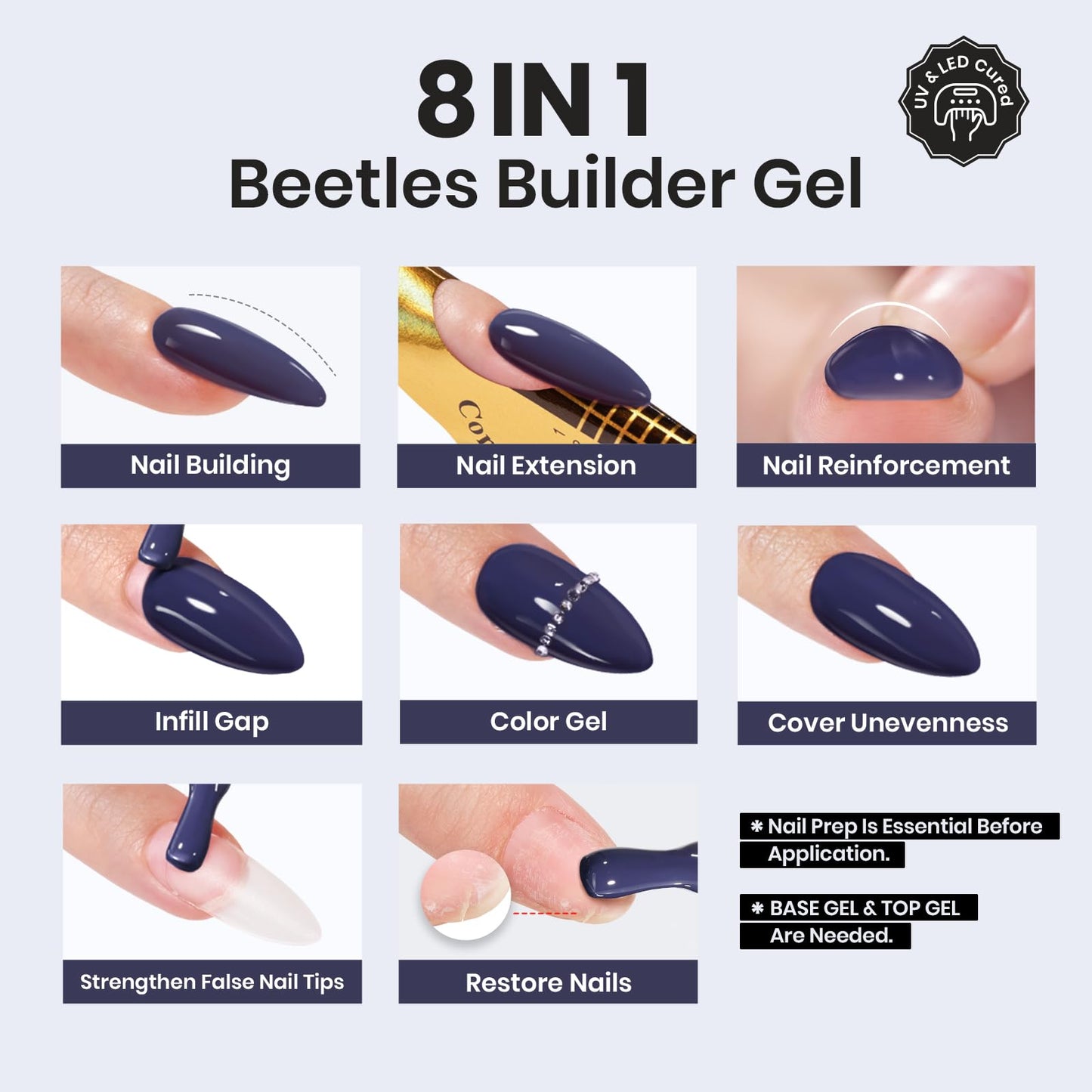 Beetles Builder Gel Set,3 Pcs 8 in 1 Nail Strengthening Apex Building Extension for Beginner DIY Salon at Home,Clear Builder Nail for Nails with Base and Top Coat Gel,UV & LED Lamp Needed