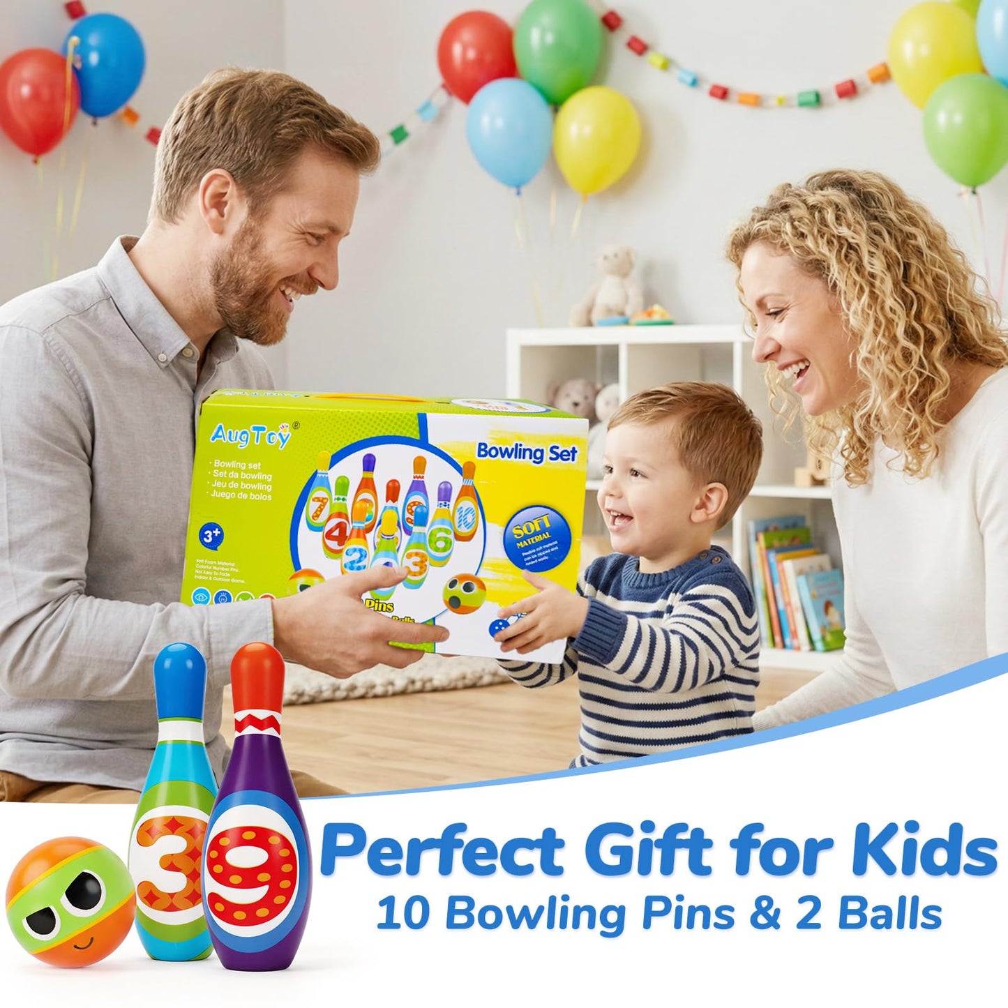 Kids Bowling Toy Set 2-5, Toddler Indoor Outdoor Activity Play Game Toys for 2 3 4 Year Old Boy Girl, Soft 10 Foam Bowling Pins & 2 Balls, Educational Children Birthday Party Gifts Ages 1-3 2-4 3-5