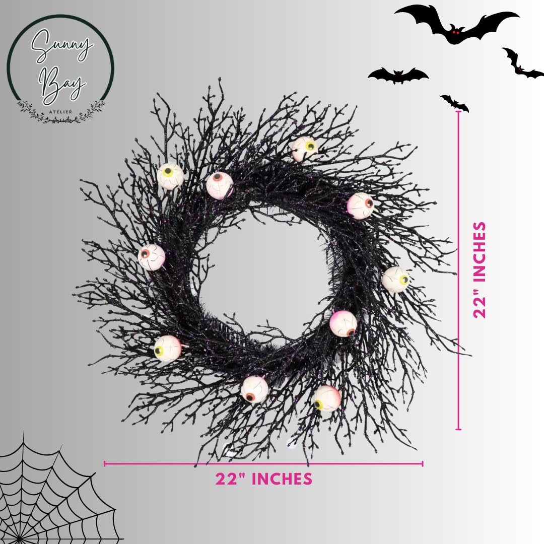 Sunny Bay Atelier Spook-tacular Halloween Wreath - 22" Creepy Eyeball, Black Twig with 35 Purple/Orange LED Lights (Battery Operated with Timer) Spooky Decor for Front Door, Haunted House Decor