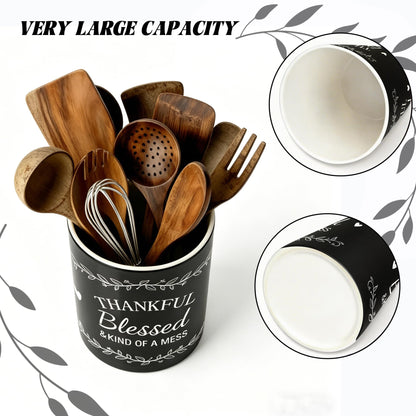 DPOTHK Black Utensil Holder, Ceramic Kitchen Utensil Holder, Utensil Crock for Home Kitchen Countertop Storage Organizer Container, Large Holder for Spatulas, Spoons, Kitchen Counter Decor, 6"