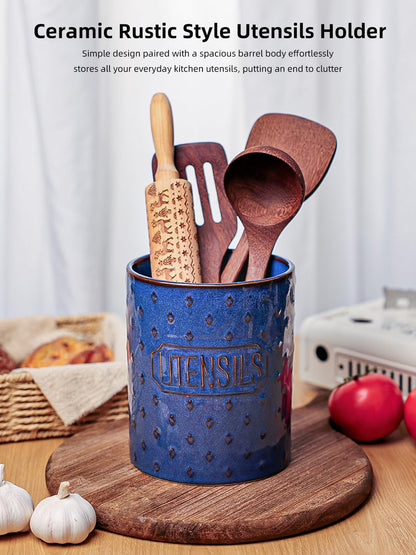 GDCZ 7 Inch Utensil Holder, Ceramic Utensil Crock for Countertop, Cooking Tool Organizer for Kitchen Counter, Farmhouse Kitchen Decor (Blue)
