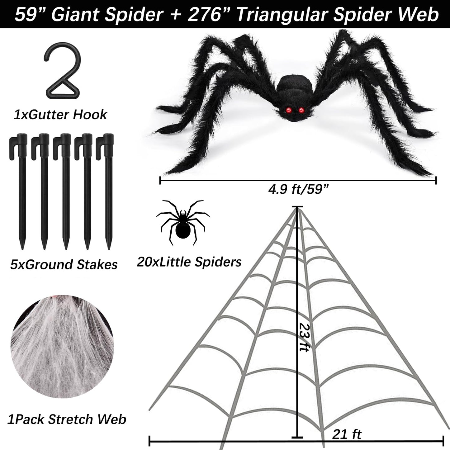 Halloween Decorations Set, 276'' Triangular Huge Spider Web + 59'' Giant Fake Spider and 20Pcs Mini Fake Spiders 40g Fine Cobweb Props for Indoor Outdoor Yard Scary Haunted House Halloween Party Décor