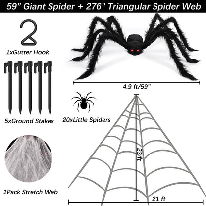 Halloween Decorations Set, 276'' Triangular Huge Spider Web + 59'' Giant Fake Spider and 20Pcs Mini Fake Spiders 40g Fine Cobweb Props for Indoor Outdoor Yard Scary Haunted House Halloween Party Décor