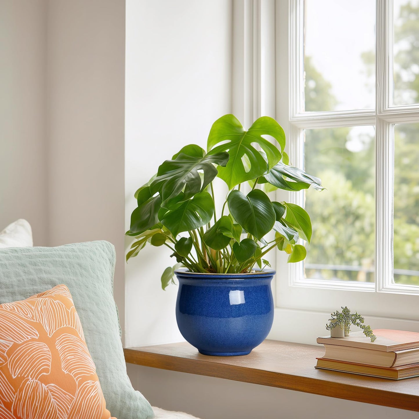 Teagas 6 Inch Self Watering Pots, Ceramic African Violet Planter with Absorbent Inner Pot, Round Flower Pot for Indoor Plants, Ceramic Pots for Plants, Room Home Decor, Plant Lover Gifts, Blue