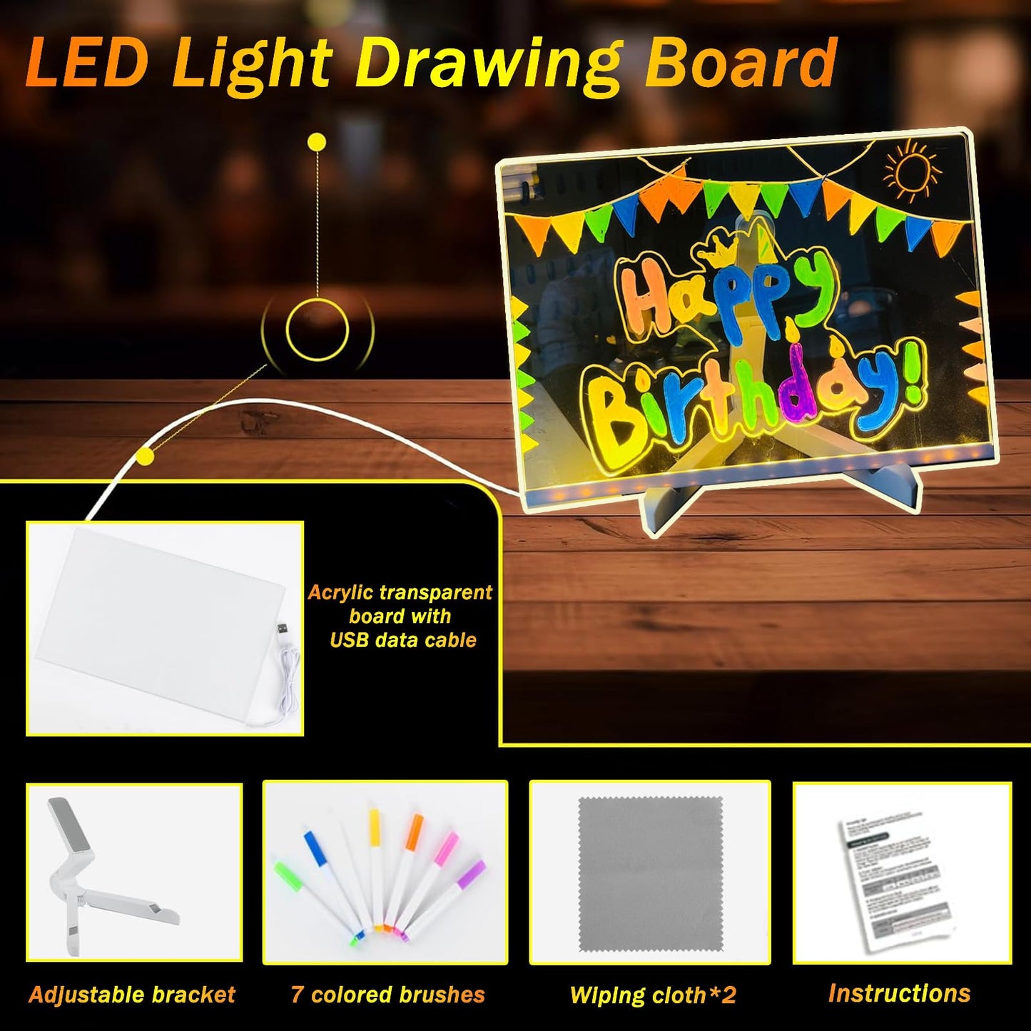 LED Note Board with Colors, Light Up Acrylic Message Board, Glowing Acrylic Dry Erase Board with Light, Led Drawing Board with Stand, 7 Markers (Medium 7.9 * 7.9 inches)