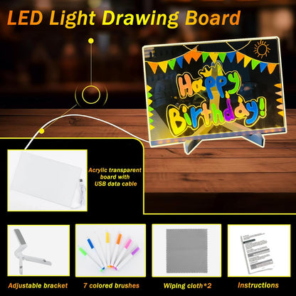 LED Note Board with Colors, Light Up Acrylic Message Board, Glowing Acrylic Dry Erase Board with Light, Led Drawing Board with Stand, 7 Markers (Small 5.9 * 5.9 inches)