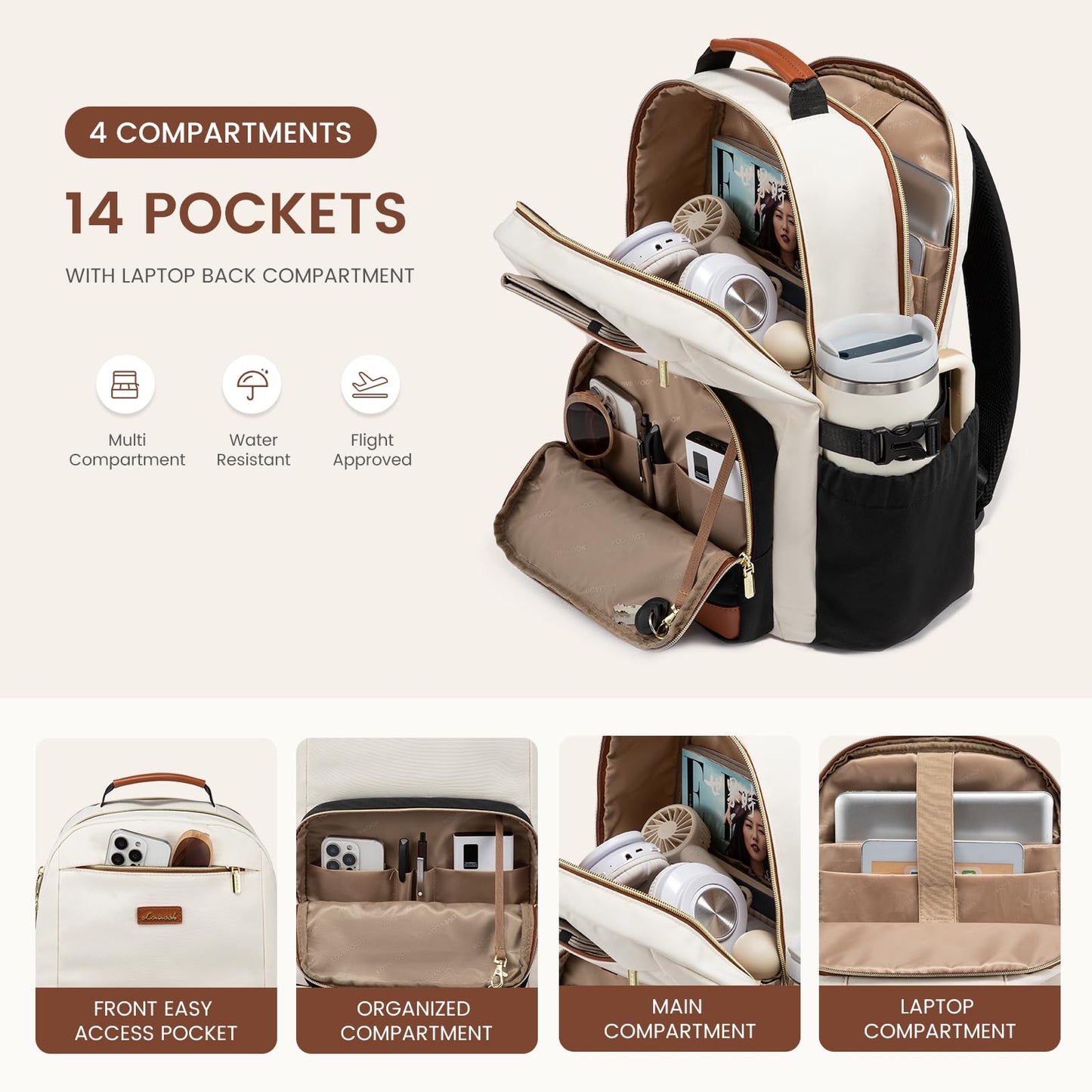 LOVEVOOK Laptop Backpack for Women with Pouch Pocket for Large Capacity Cup,15.6 Inch Teacher Nurse College Work Backpack Purse,Waterproof Laptop Bag Computer Back Pack for Travel, Khaki-Coffee-Black